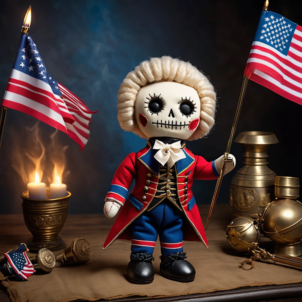 (knitted toy voodoo doll:1.7), (Voodoo George Washington:1.3), (Clothing: 18th-century military attire with star patterns:1.0), (Accessories: enchanted flag emitting a patriotic glow, floating saber:1.1), (background: grand revolutionary battlefield with troops, flags, and an atmosphere of founding leadership:1.2), best quality, masterpiece, detailed soft oil painting, detailed background, dramatic cinematic lighting, soft edge lighting, professional, dramatic lighting, hard edge lighting, ultra quality, 4k, masterpiece, best quality, 8k, ultra high definition, high resolution, extremely detailed

