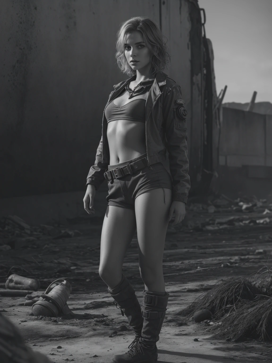 Photorealistic, masterpiece grayscale photo, woman with messy hair and poor minuscule postapocalyptic clothes, cute sexy, (detailed wastelands background), ultra sharp focus, detailed face, (((posing))), random hair color, short hair, beautiful eyes, full body, high quality black and white image