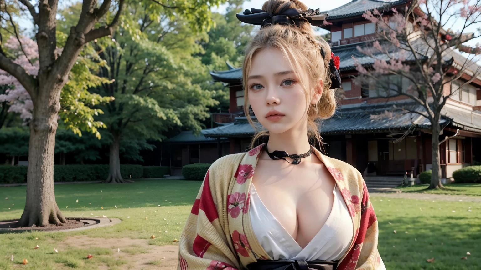 samurai girl, adorable, cleavage, red and black kimono, sakura tree, blonde hair, detailed face, model pose