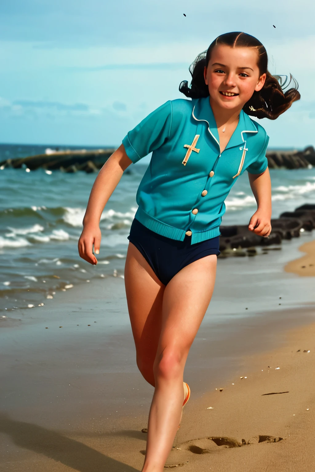 Saint-Malo, 1941. A young ((((13-year-old)) Marie-Laure LeBlanc)), freckles, running at the beach, ((((clothings from the 1940s)))), ((dark hairstyle of the 1940s))