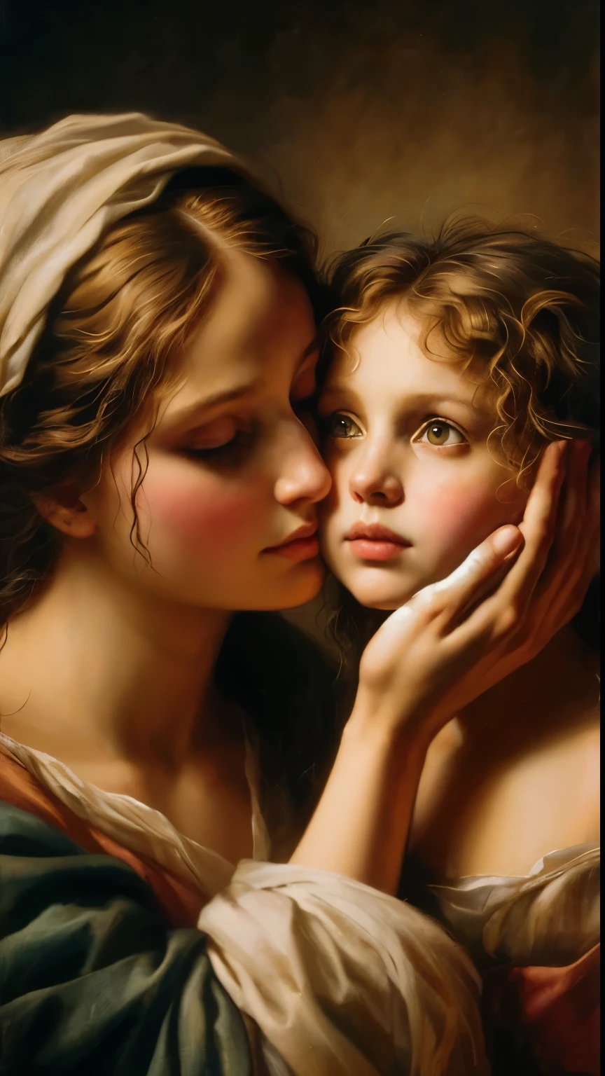 a Mother's love, holding a beautiful young lady's face in her hands, high detail, oil on canvas art style, painted by masters, professional photography, Caravaggio,