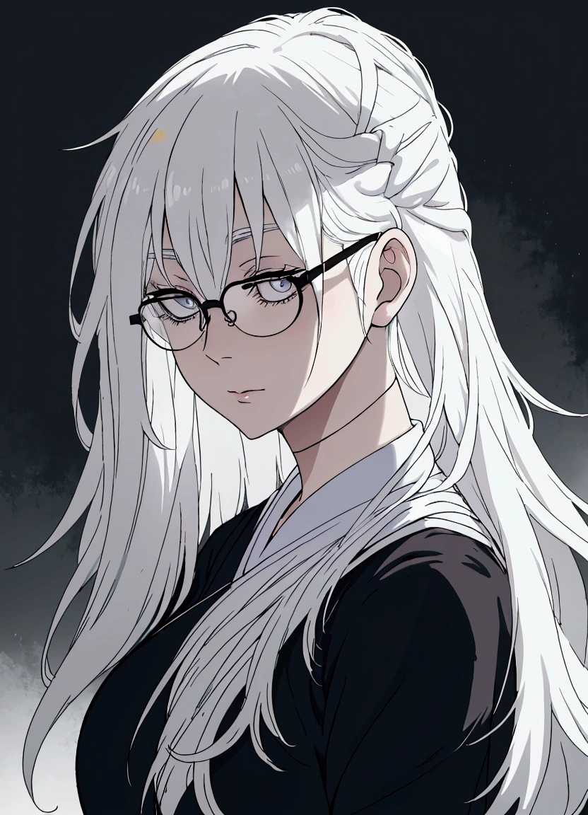 a close up of a woman with glasses and a black shirt, perfect white haired girl, girl with white hair, artwork in the style of guweiz, flowing white hair, white haired, beautiful anime portrait, white haired lady, guweiz, with long white hair, white-haired, with glasses, realistic young anime girl, realistic anime art style