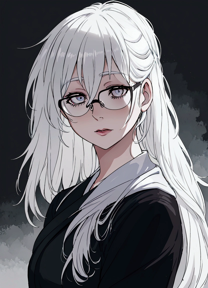 a close up of a woman with glasses and a black shirt, perfect white haired girl, girl with white hair, artwork in the style of guweiz, flowing white hair, white haired, beautiful anime portrait, white haired lady, guweiz, with long white hair, white-haired, with glasses, realistic young anime girl, realistic anime art style