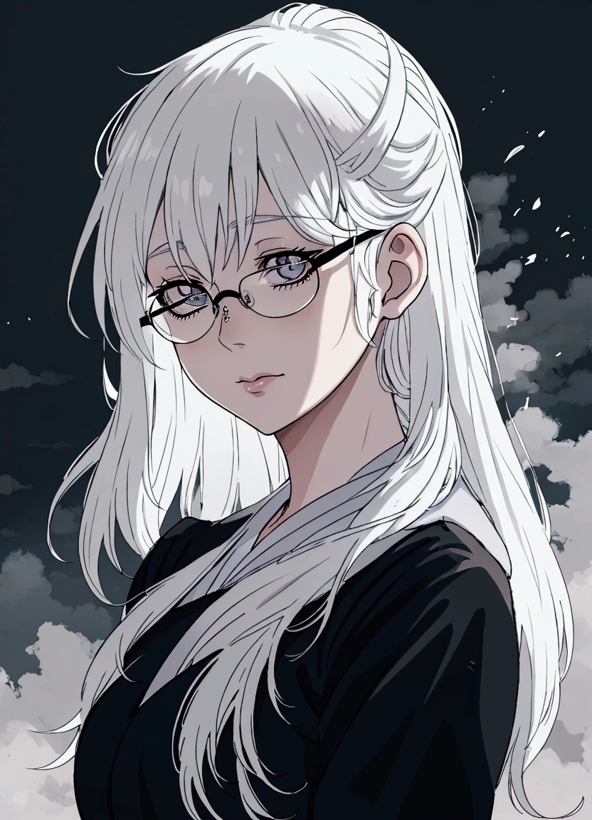 a close up of a woman with glasses and a black shirt, perfect white haired girl, girl with white hair, artwork in the style of guweiz, flowing white hair, white haired, beautiful anime portrait, white haired lady, guweiz, with long white hair, white-haired, with glasses, realistic young anime girl, realistic anime art style
