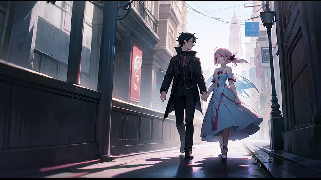 fairy and vampire walking trough the streets, anime style
