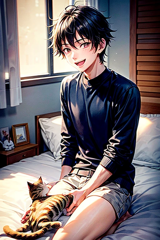 A young man and three little kittens,3 kittens,A young man surrounded by small kittens,Fresh young man,A young man with a lovely, gentle smile,Young man with his mouth wide open,Young man playing with a cat,blush,Cats surround the screen,A very happy smile,Cat smiles too,color々Kittens of all kinds,noon,Hinata,A bright, sunny room,Inside the room,Young man and little kitten on the bed,Young man with black hair,Young man with straight hair,Male around 20 years old,anime,Slender young man