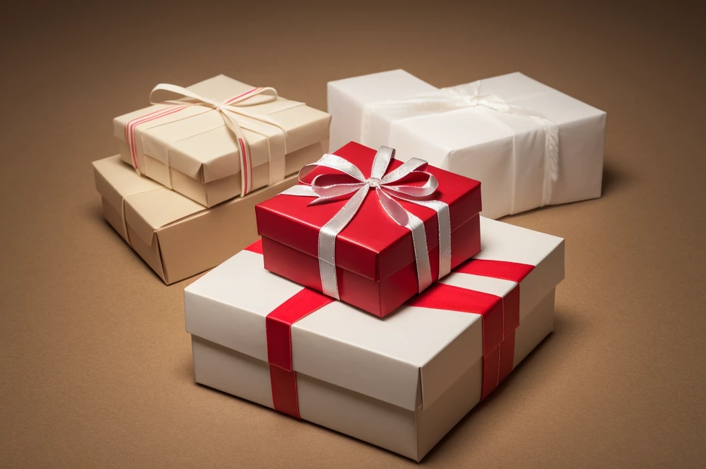 Gift box, Stacked, ３Stacking, Beautiful ribbon, White Wall, ４K, High resolution, 