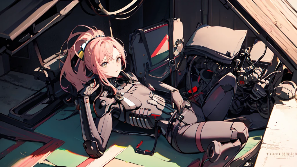 masterpiece,Highest quality,One girl,Medium chest,((Album cover)), Light on the face,The body is slim,Exoskeleton, metal Gear,Cyberpunk Style,ponytail