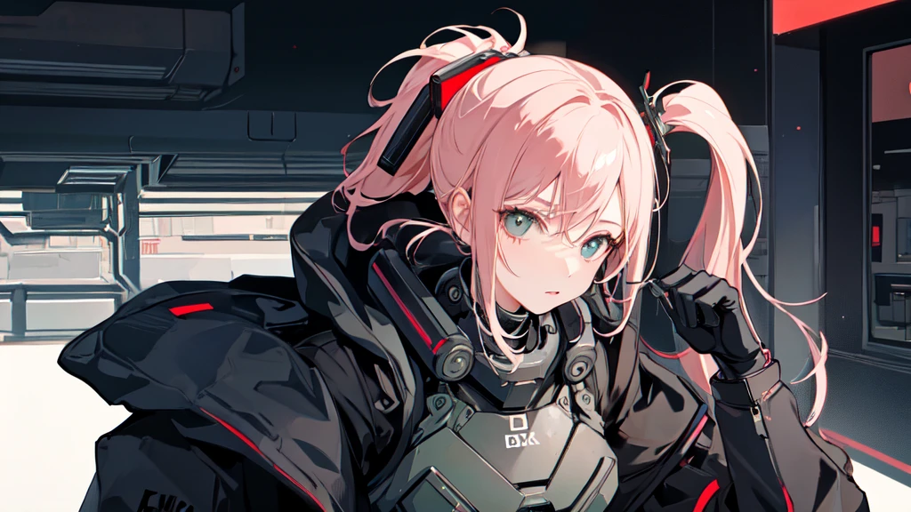 masterpiece,Highest quality,One girl,Medium chest,((Album cover)), Light on the face,The body is slim,Exoskeleton, metal Gear,Cyberpunk Style,ponytail