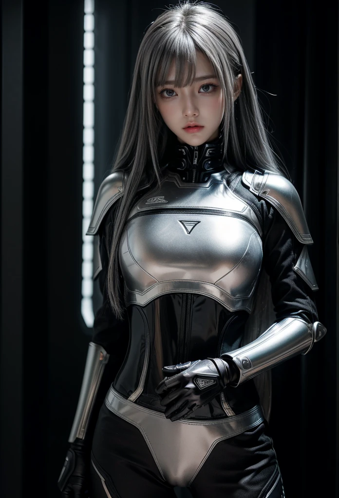 cyber angel,machine wing,{{Sci-Fi Armor}},cyber suit,cyberpunk,science fiction,cyber battle armor,Battledress,Military Uniforms,pants,black military uniform,whole body,Height: 168cm,almond shape eyes,{{{{{silver eyes}}}}},{{{{{dull bangs}}}}},(slanted eyes},{{whole body},{{{1 girl}}}, long hair, straight hair,{{{{silver hair}}}},{{{tsurime}}},30 years old,{Medium chest},{{bush}},silver eyes,{{{masterpiece}}}, {{{highest quality}}}, {{Super detailed}}, {shape}, {{very delicate and beautiful}},very detailed,detailed perfect,detailed hyper,Abundant thighs,big ass,black clothes