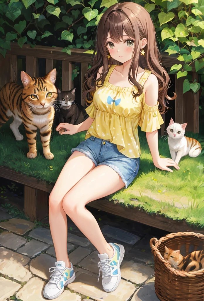 1 beautiful 20 year old girl, anime girl, yellow tight blouse, low-cut chest, printed blouse, little blue tight shorts, Casual clothes, big rounds breasts, beautiful body figure, dark brown hair, wavy hair, broad, aquamarine eyes, bright Eyes, blush, labis brillantes, star earrings, pair of white and blue tennis shoes, Best Quality, high resolution, different image, (many (detailed) little cats) and a girl:1.3), Focus on the cat, little (detailed) The cats around the girl's background are an alley., detailed sunlight, session, Girl looking at viewer, front view, (cats looking at viewer:1.2), session on the floor grasping knees, (happy:1.3), (Kitten)