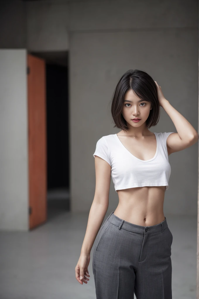 (color picture), Realistic photos of beautiful Asia.、Slender stomach, (A-cup haircut highlights:1.2), small breast, round chest, perfect breasts,(( )),((She was pulling a loose t-shirt over her head., )), ((trousers)), As she confidently poses in front of the camera, , studio lights, gray background, full body