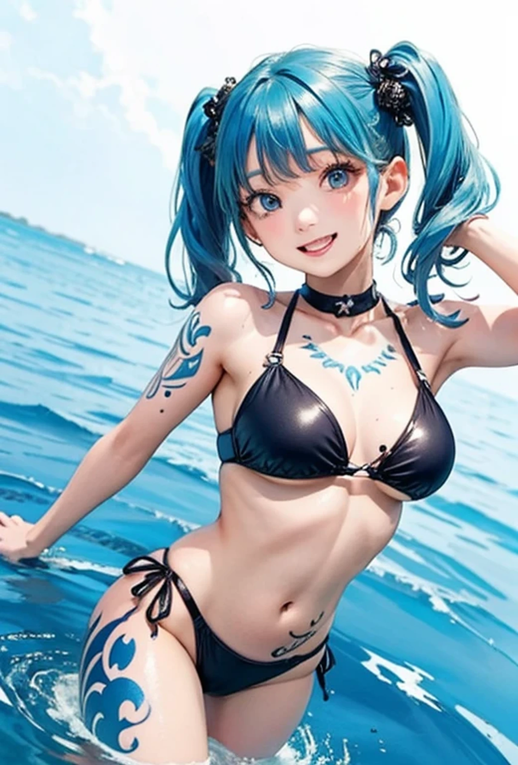 (Super detailed、Ultra-high resolution、8K masterpiece、Vibrant colors)、((Flat Color))、((Floating water))、summer、Poolside、
話かけるBig Breastsの1女、((body paint、Pop tattoo on thigh、Pop tattoo on belly))、Big Breasts、Back view、Random Bold Poses、Angle view from below、
(Tiny bikini、choker）、cameltoe、(The underside of the chest is visible、Underboob)、
(Twin tails、Vermilion blue silver hair、hair ornaments)、Beautiful blue eyes、Beautiful red lip、（fun、smile）
TWICE&#39;s Tzuyu&#39; on pause、
