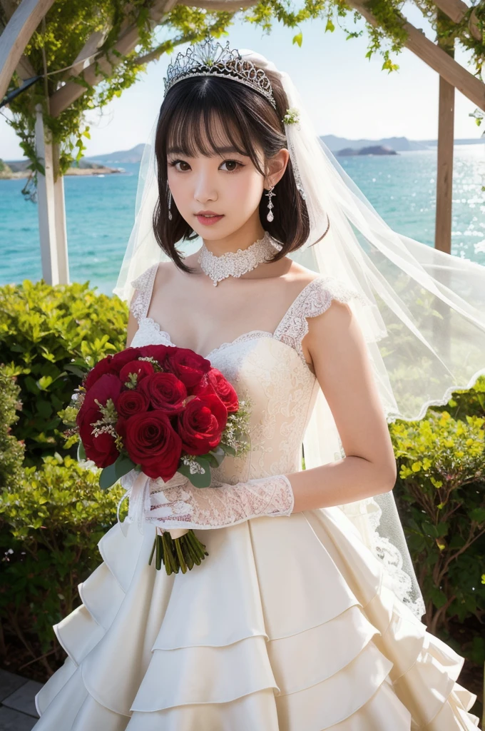 (8k, Photorealistic, Raw photo, Highest quality: 1.4),Japanese idol-style beautiful girl,model,1 person,18-year-old,(Short Bob),(Black Hair),tiara,She has her hair tucked behind her ears,Clear grey eyes,(Long eyelashes),(eye shadow),(Eyeliner),(eyeliner),(piercings(small)),cheek(Beige brown color),(Lip gloss(Deep vermilion)),lips(Plump,glossy),Translucent white and finely textured skin,thin long neck,Thin and delicate shoulders,(Lace gloves(White)),(Wedding Bouquet :1.1),(Wedding dress((Frills),(Lace embroidery),(Plumpしたロングスカート :1.2))),(layer),(Covering her face with a veil, she bows her head),(High heels(White)),(Garden Wedding Venue),(Background with sea view),(Full body portrait)