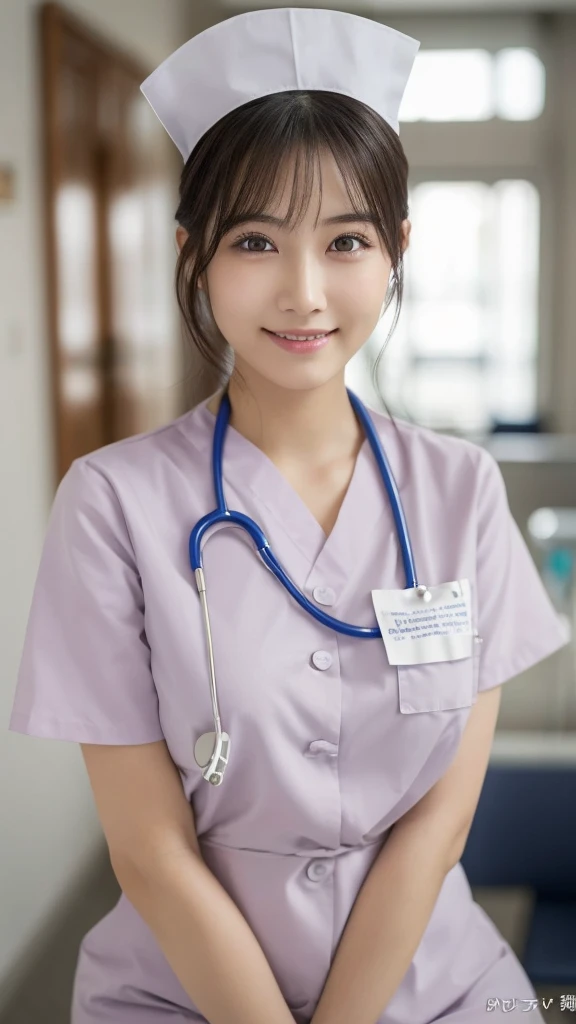 (Highest quality: 1.5), (Realistic: 1.5), (1 person: 1.5), Very detailed, High resolution, 8k,Natural color lips, Cute Smile, Japanese women, 20-year-old girl, Beautiful and elegant features, Perfect and beautiful face, Balanced big eyes, Beautiful and elegant features, Natural double eyelids, Natural Bangs, Beautiful thin nose, Beautiful Skin, Medium Bob Hair , Natural Bangs , Perfect and beautiful face, Slim face and figure, (Looking at the camera with a sweet smile), Bright lighting, Professional Lighting, Forward lighting, Beautiful feet: 1.2, Smooth Skin, Slender body, Slim waistline, slim thin thighs, Detailed clothing,  (real short nurse uniform:1.2), (nurse:1.4), Ultra HD, Realistic, hospital, Light Pink, nurse, white cosplay, nurse cosplay,  nurse outfit, standing, hospital, red cross, (8k, RAW photo, best quality, masterpiece:1.2), (extremely detailed 8k wallpaper), 1 girl, (solo:1.2),Photo of 20 years old Japanese actress.

