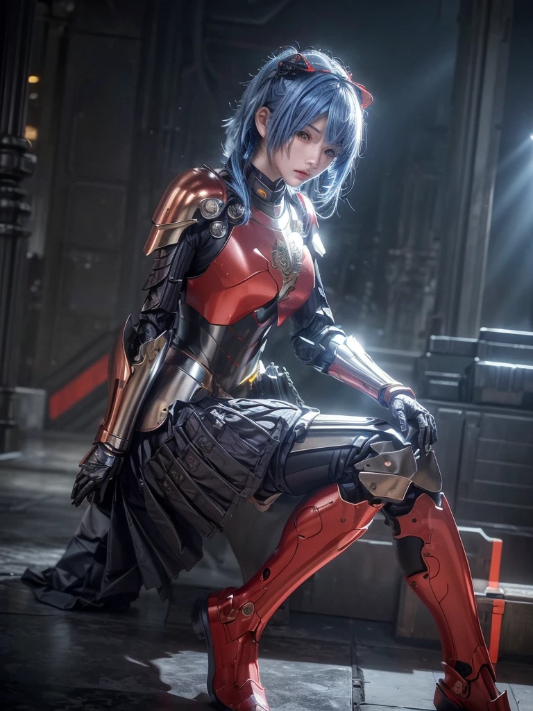 (top-quality:1.2, masterpiece), ultra high resolution, (Photorealsitic:1.4),, (bird-type mechanical heavy armor), (mechanical armor:1.3), light red base with silver and bronze accent, 1 Japanese female soldier, extremely realistic face, (blue hair), ((ultimately intricate all details)), (whole body picture), realistic shadow, octan render, 8K, ultrasharp, character edge light, Details of complex ornaments, Hydraulic cylinder, power cable, dystopia with a beautiful view at night,