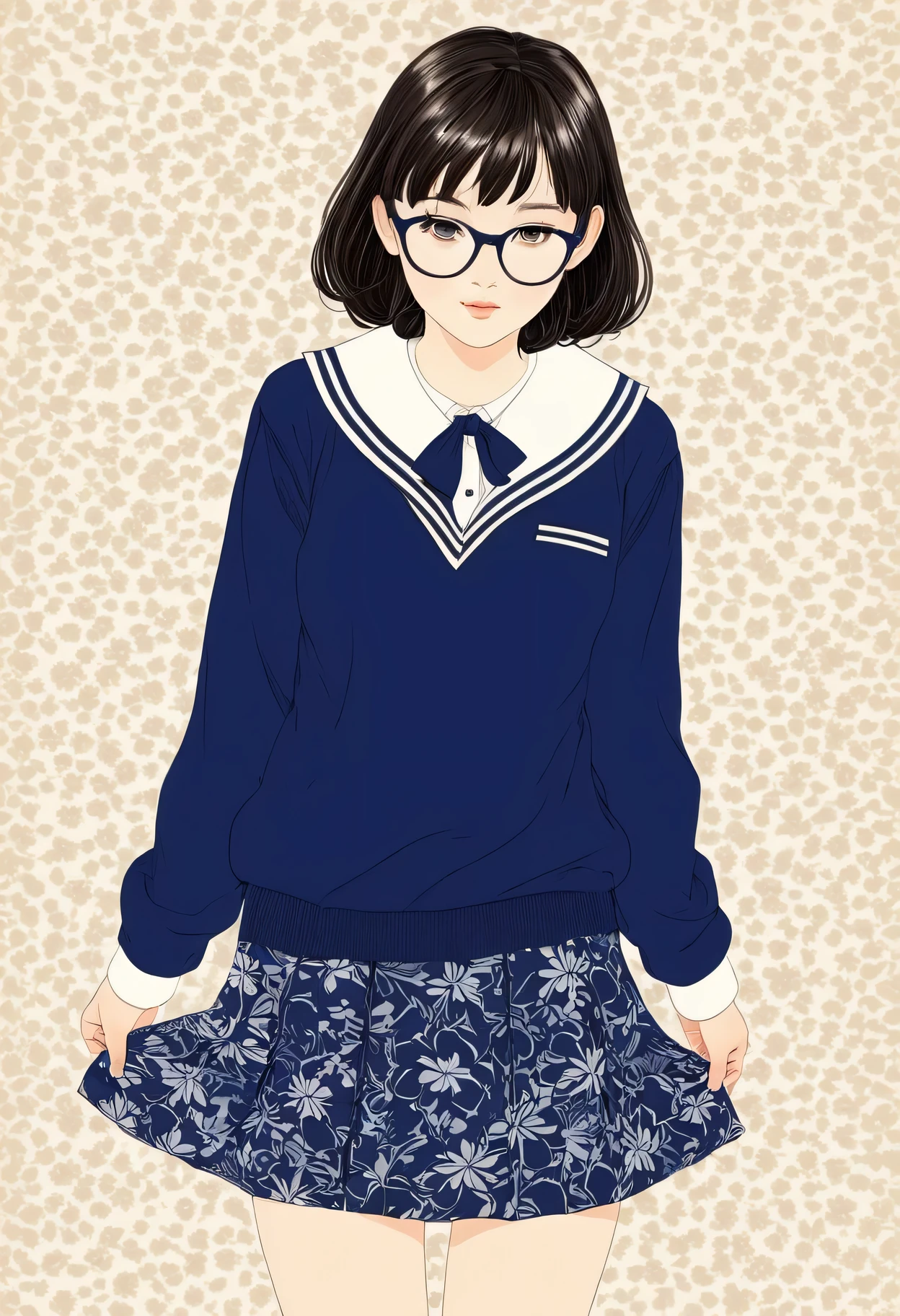 Line art、Vector art,White Flower Art,(Floral:1.3), (Masterpiece, Highest quality),Delicate colors, Super delicate pattern colorful, Highest quality, Cute beautiful girl, ,(School Sailor Uniform、Navy sweater Navy skirt)、,White socks、Brown loafers、No smiles、Black Hair、Short bangs、Short braid、Brow wrinkles、Black glasses、Big Breasts、Pop Art、(Plump;1.2)From above、Takato Yamamotoスタイル、Art Style:Takato Yamamoto