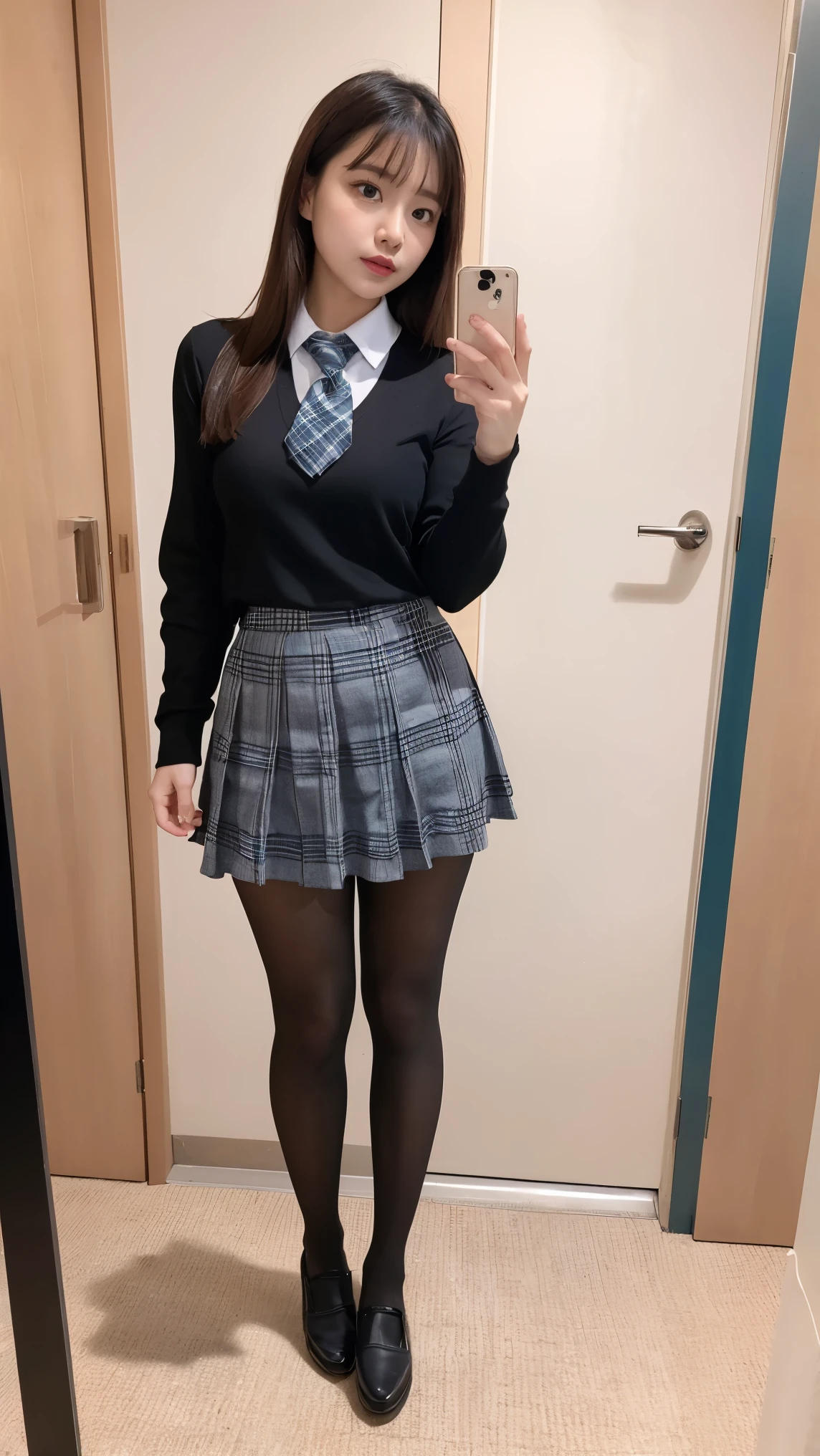 (((8k、High resolution、Highest quality、High resolution)))alone、Natural body shape、White skin、Natural Makeup、((Black Hair、bangs、Straight Long Hair))、((()))、、(:1.4)、(())、(((((Full body photo)))))、(((Looking into the camera)))、(((Wear a uniform on the upper body)))、Bedroom、(((Of high school))) 、((white collared long sleeve blouse))、((Beige cardigan))、((Pleated skirt with dark blue plaid pattern、mini skirt、Ultra-realistic pantyhose))、、、Expressionless、((Exposing thighs))