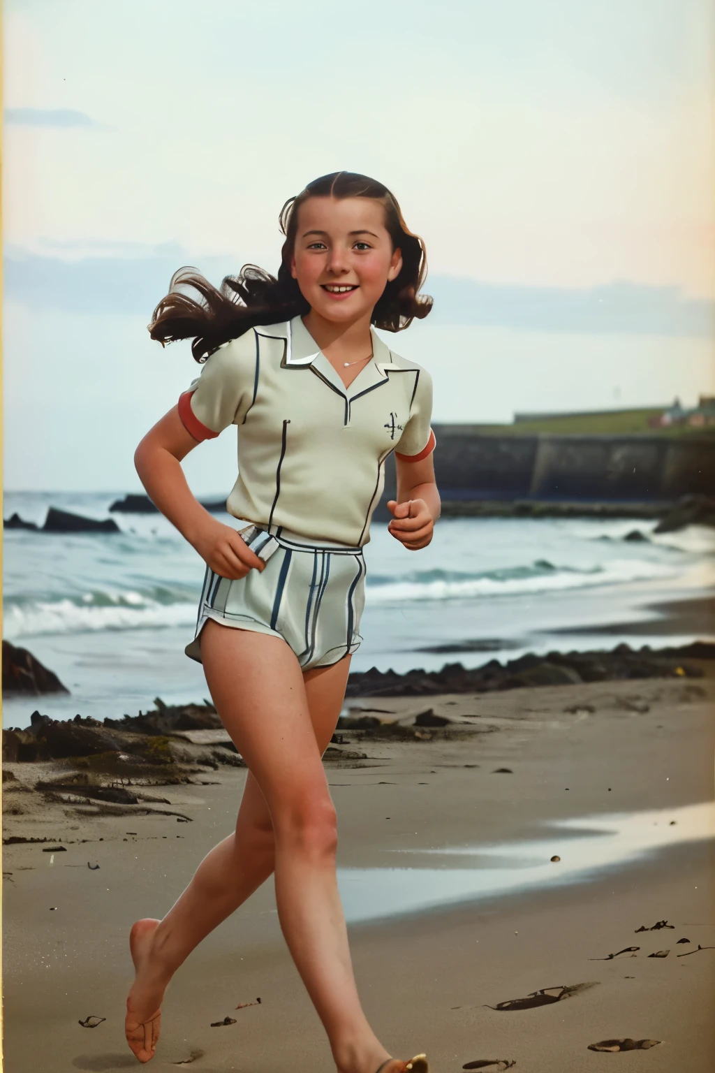 Saint-Malo, 1941. A young ((((-yeld)) ie-Laure LeBlanc)), freckles, running at the beach, ((((clothings from the 1940s)))), ((dark hairstyle of the 1940s))