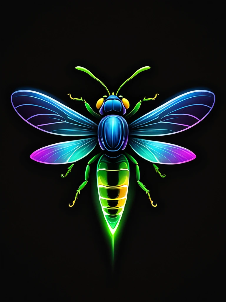 Create a vibrant, color painting-style logo featuring a firefly. The firefly should have a sleek and modern design with its rear portion glowing in super vibrant neon colors like green, blue, and yellow. The painting should have fluid, artistic brushstrokes that give a sense of motion and light. The background should be dark to highlight the glowing rear portion of the firefly. Use a mix of bright and contrasting colors to create an eye-catching and dynamic effect.
