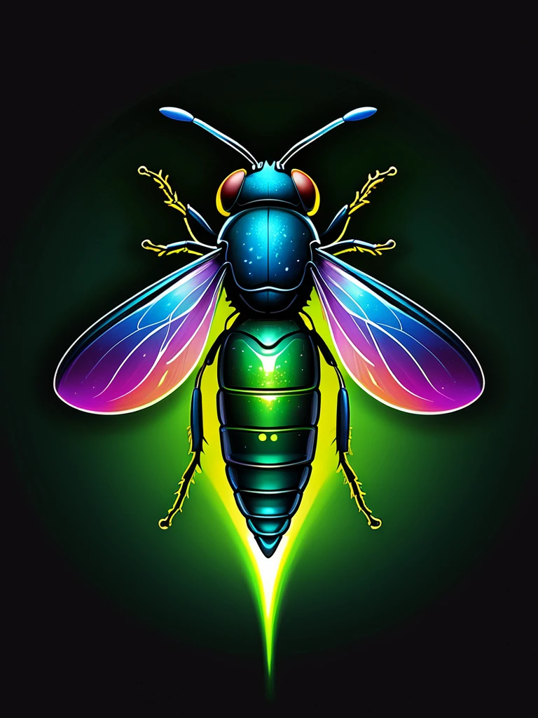 Create a vibrant, color painting-style logo featuring a firefly. The firefly should have a sleek and modern design with its rear portion glowing in super vibrant neon colors like green, blue, and yellow. The painting should have fluid, artistic brushstrokes that give a sense of motion and light. The background should be dark to highlight the glowing rear portion of the firefly. Use a mix of bright and contrasting colors to create an eye-catching and dynamic effect.
