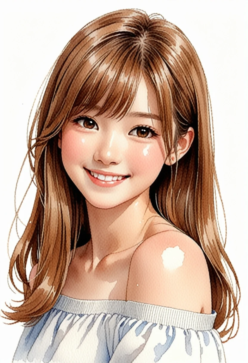 Hand-drawn watercolor illustration, One Girl,Japanese,Light brown hair（Straight hair）,off shoulder（white）,,smile,cute, cute, Simple, Pencil line drawing