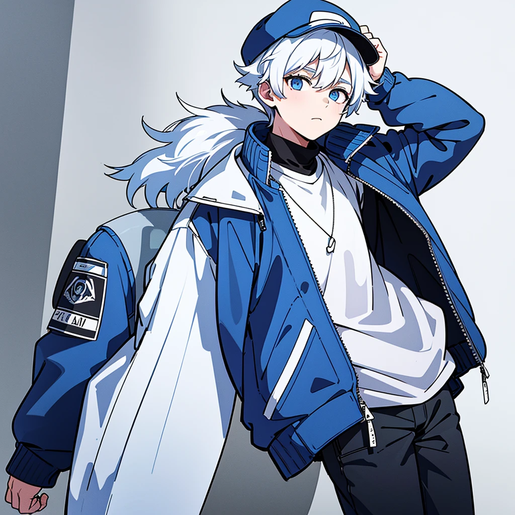 1 boy, Solitary, blue eyes, (Delicate eyes), White hair, Hair between the eyes, (Cap on the head), (Casual jacket), Large sleeves, (Blue Jacket), Black shirt, Pants, gray Pants ashes, permanent, (Hands in pockets), (((Jacket closure))), Upper Body, (White background), Transparent Background, Enjoy the scenery, ((masterpiece, illustration, best quality))