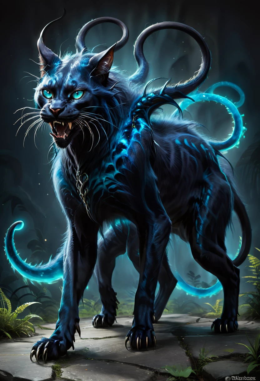 DISPLACER BEAST, feral, solo, FELINE BODY, HORROR, six legs, six paws, DISPLACER beast looks like a large cat, covered with smooth blue-black fur. Its alien origins are obvious from the six legs and two tentacles that grow from its shoulders, ending in pads with sharp spines. The beast's eyes glow with a terrifying malice that persists even after its death.