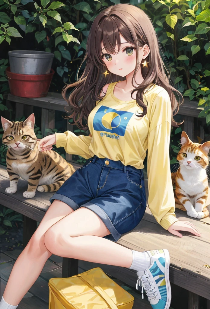 1 beautiful 20 year old girl, anime girl, yellow tight blouse, low-cut chest, printed blouse, little blue tight shorts, Casual clothes, big rounds breasts, beautiful body figure, dark brown hair, wavy hair, broad, aquamarine eyes, bright Eyes, blush, labis brillantes, star earrings, pair of white and blue tennis shoes, Best Quality, high resolution, different image, (many (detailed) little cats) and a girl:1.3), Focus on the cat, little (detailed) The cats around the girl's background are an alley., detailed sunlight, session, Girl looking at viewer, front view, (cats looking at viewer:1.2), session on the floor grasping knees, (happy:1.3), (Kitten)