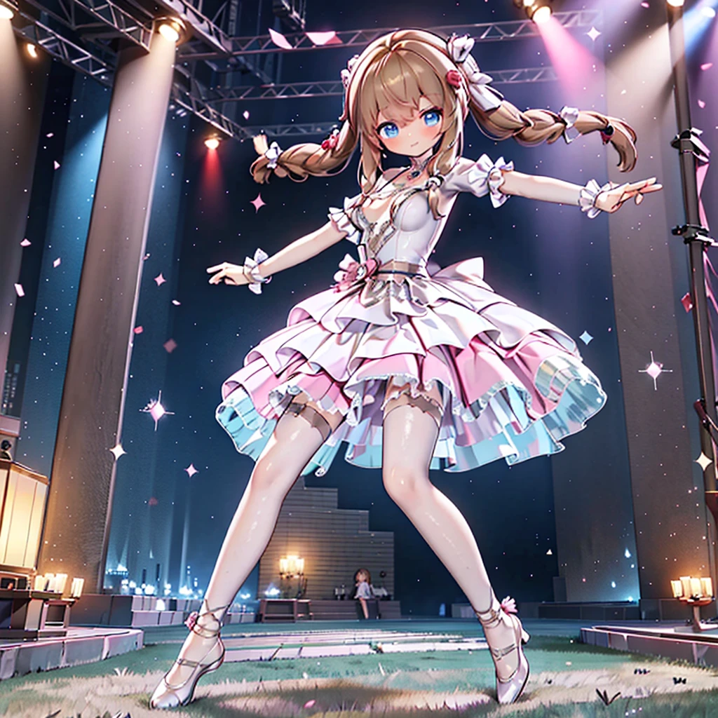 Solo girl, comical, kawaii, Blue eyes, light brown hair, back high twintails, front low braids, princess dress, smile, from view, dance at the stage, neon and led lights, posing, sexy, high-resolution image, masterpiece, high quality, attractive eyes, breast, full body