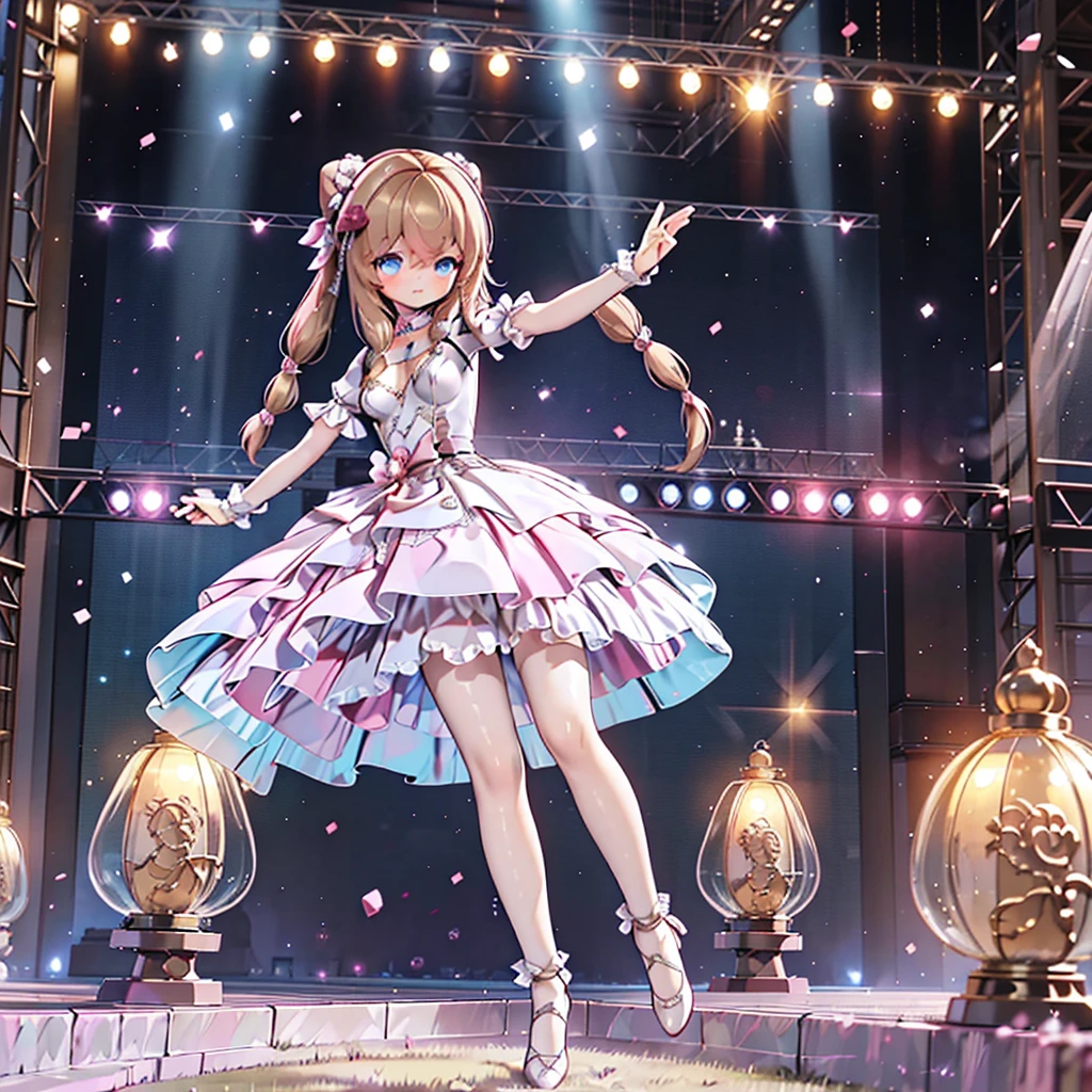 Solo girl, comical, kawaii, Blue eyes, light brown hair, back high twintails, front low braids, princess dress, smile, from view, dance at the stage, neon and led lights, posing, sexy, high-resolution image, masterpiece, high quality, attractive eyes, breast, full body