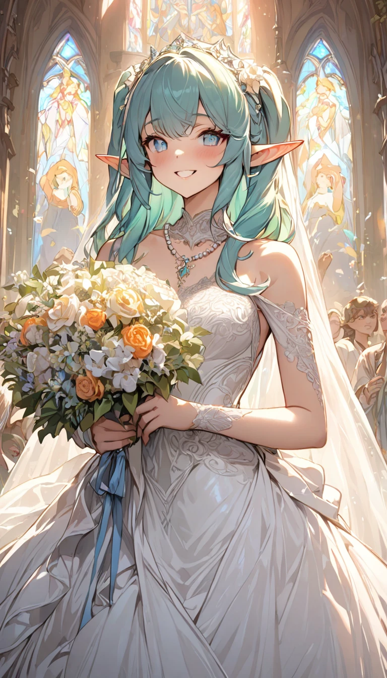 multicolored hair, two side up, jewelry, bead necklace, mismatched pupils, longeyelashes, (pointy ears), happy, by Alfons Mucha, reflection light, masterpiece, accurate, textured skin, high details, best quality, super detail, highres, (elf), wedding dress, Grab the bouquet and bring it to her chest, At the church, solo