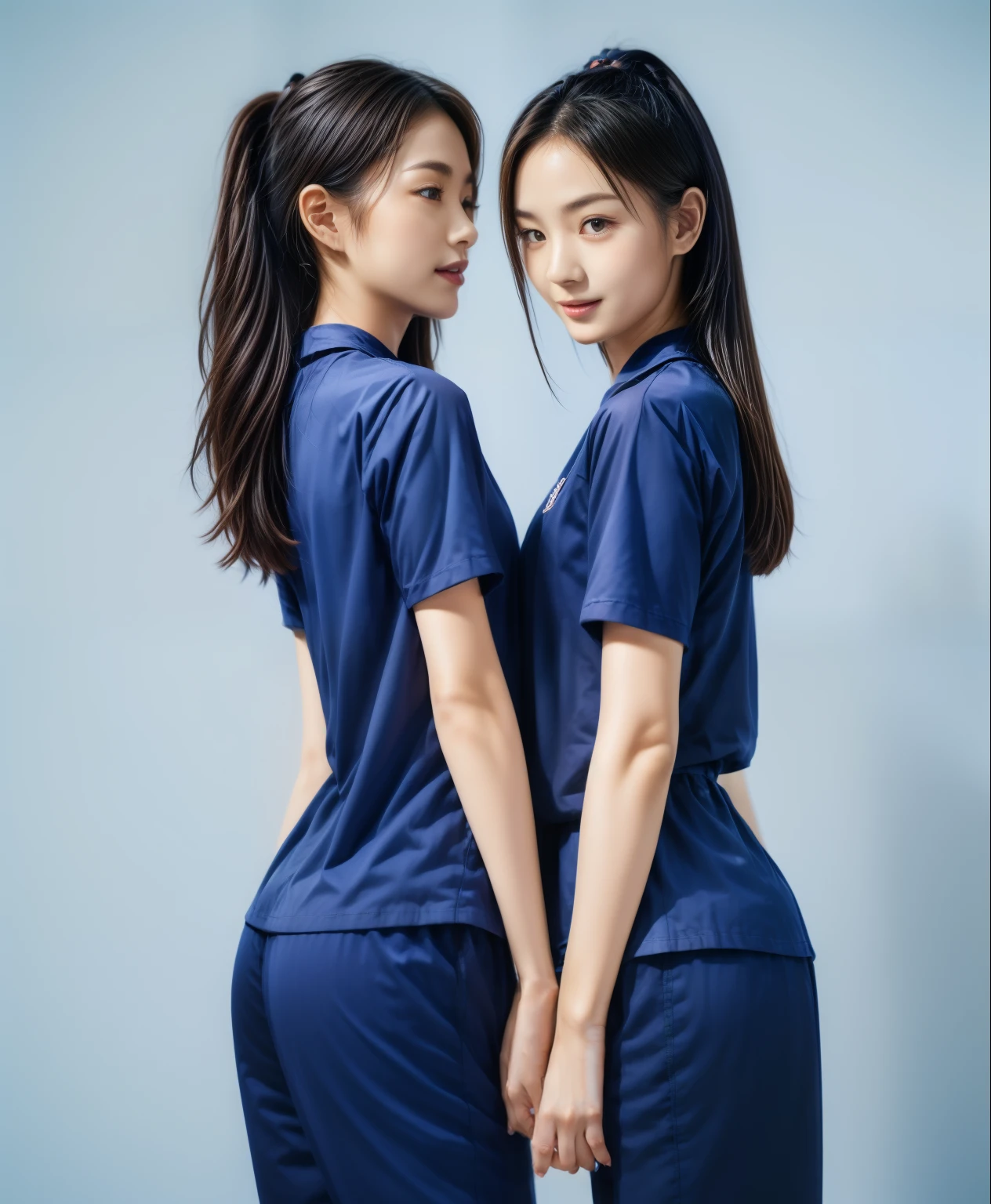 (best quality,10,10,height,Masterpiece:1.2),Special details,(realistic,ภาพrealistic,Realistic photos:1.37),1 Cute girl in the kitchen,shiny, ผิวshiny,only,smile softly,BDclothelue shirt:1.3)),short sleeve,shirt, กางเกงขาlong.,(navy_long_track pants:1.1), ((Kitchen Background)),Dynamic angle,excited,Face focus,dynamic poses,from behind,focus on ass,Masterpiece, best quality, ultra realistic, hyper detail, 8k resolution, raw photos, Sharp focus, ((Navy blue shirt:1.1)), short sleeve, เส้นทางlong, perfect body, 2 mature women, 18 years old, Cinema-grade lighting system,blue sweatpants,shirtผ้าออกกำลังกาย,correct anatomy,perfect body, correct body, Sharp face, correct bodyทางกายวิภาค, full body, realistic gestures, long-haired, realistic poses,Wear long shorts...........................,ช่วงขาlong,Good shape,carved girl, Slender figure, model, Good shape, beautiful body,blue sweatpants, two girls kissing