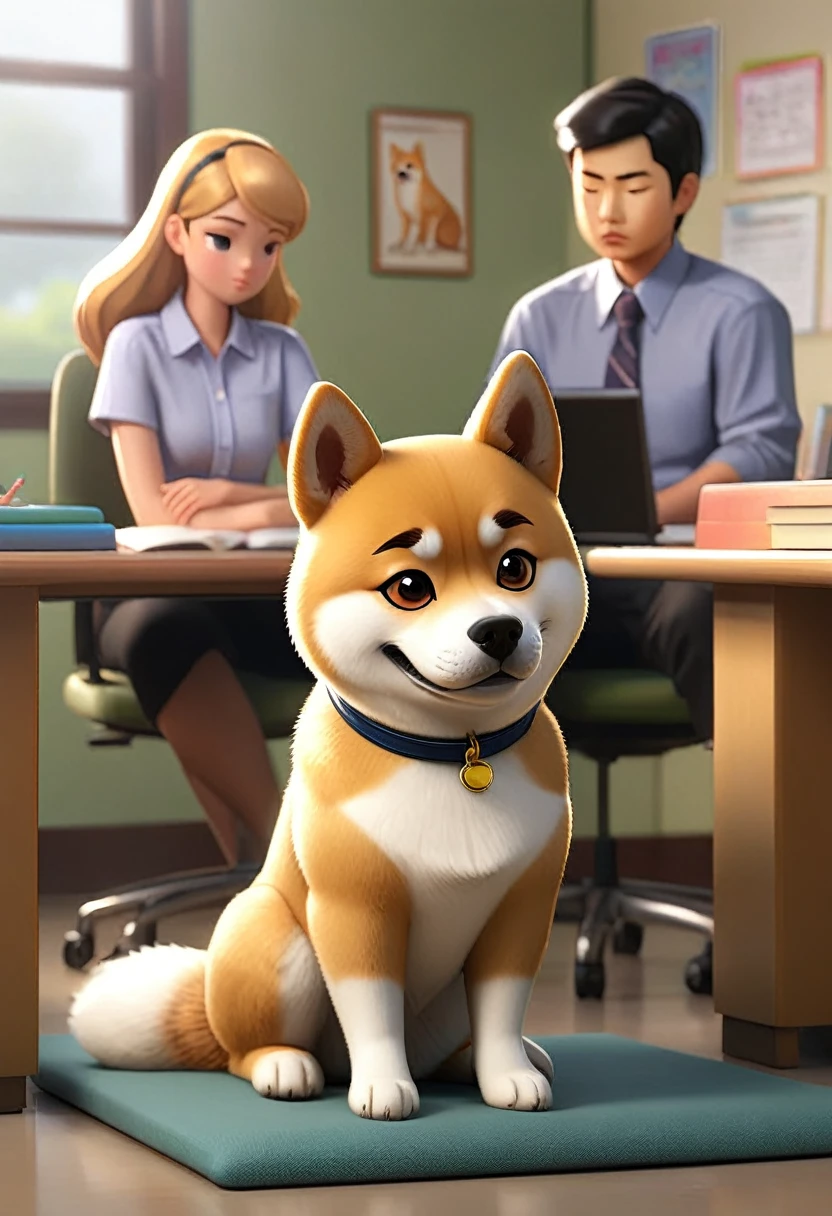 In a school office, a Shiba Inu named Shiba is sitting on all fours next to his family, which includes a Golden Retriever and a Beagle. They are talking with the school's teacher, a middle-aged woman, and a counselor, a young man, both seated on chairs. The atmosphere is serious but hopeful.