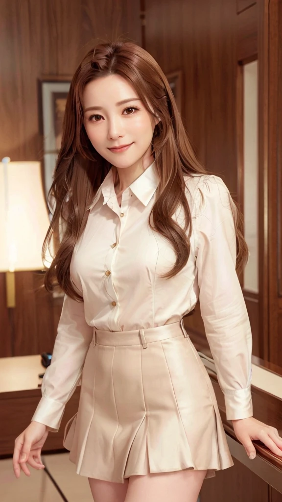 Highest quality、Genuine、Very detailed、finely、High resolution、8k wallpaper、One beautiful woman、light brown disheveled hair、Wear a business suit、Sharp focus、Perfect dynamic composition、Beautiful and detailed、Thin Hair、smile、Model body type、mini skirt、Beautiful legs