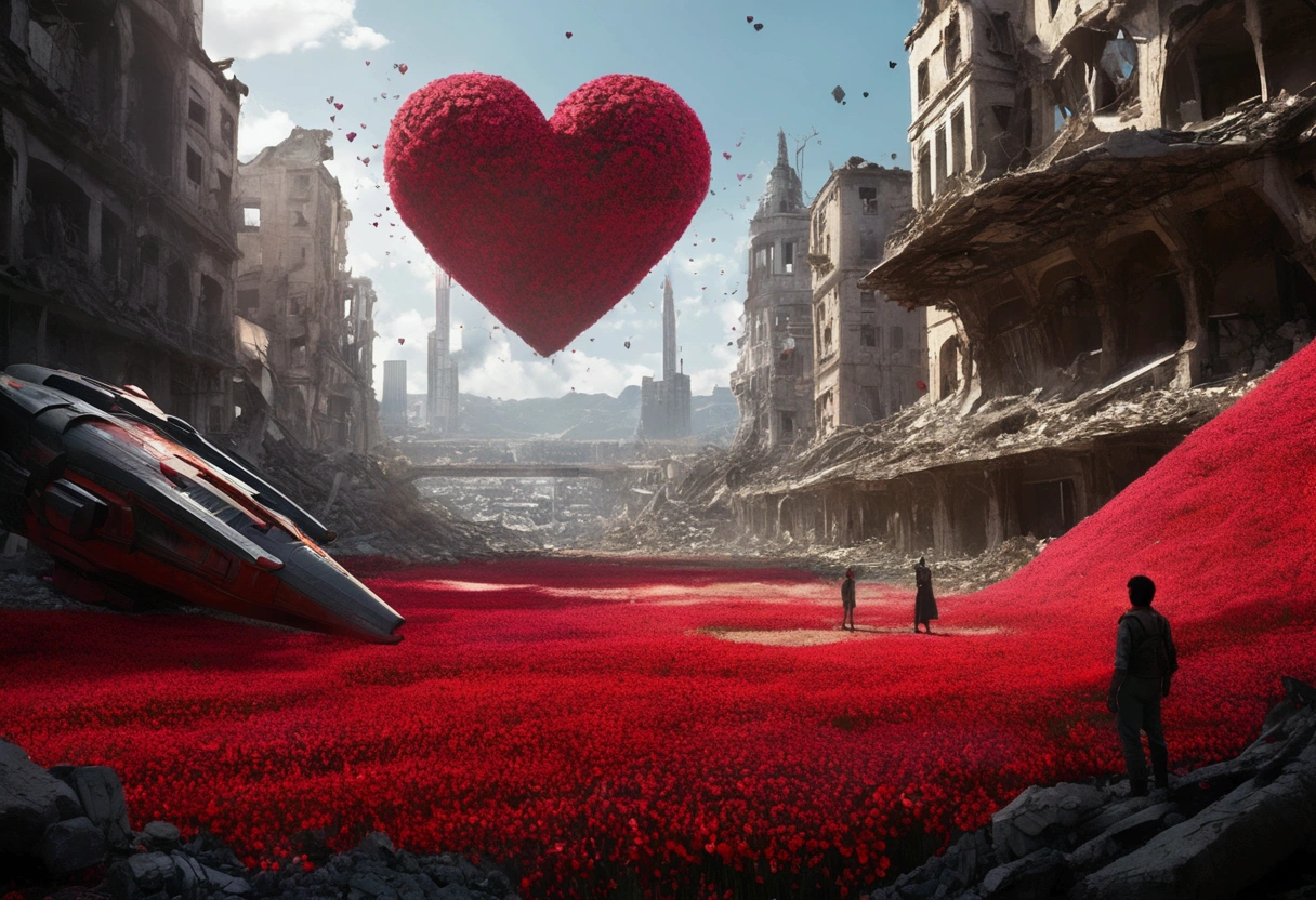 An incredible movie scene with a large spaceship flies in third person in the scene flies over a large valley with a field of abstract flowers in the shape of red hearts on thin stems Scscesce in the vegatation among the rubble of a destroyed city, its flight between the remains of buildings Fallen bridges Destroyed streets reflect the shadow of the large ship projected on the ruins