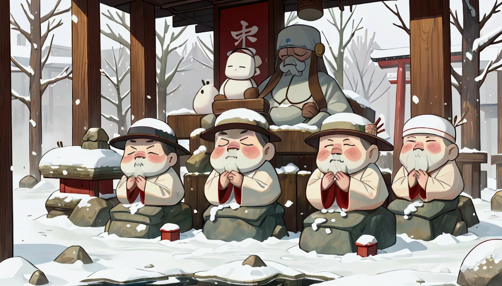 In the snow、Five stone Jizo statues wearing hats and one stone Jizo statue wearing a hand towel。Next to him is an old man praying with his hands together.。Scenery of the old Japan。