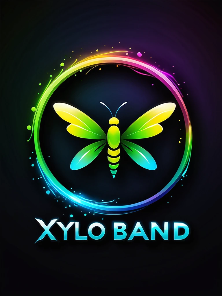 Create a vibrant, color painting-style logo titled "Xylo Band". The logo should feature a sleek and modern design of a firefly with its rear portion glowing in super vibrant neon colors like green, blue, and yellow. The painting style should include fluid, artistic brushstrokes that convey motion and light. Ensure the background complements the glowing colors and enhances the overall dynamic and eye-catching effect of the logo.