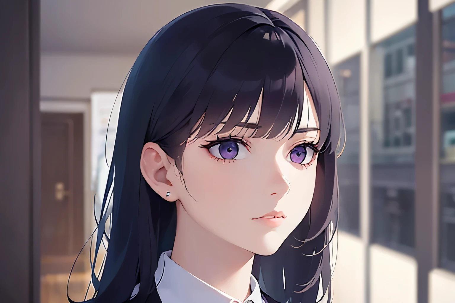 (looking away:1.5), side angle, Upper Body, Realistic, real person, (pale skin: 1.2), RAW photo, photorealistic, shiny skin, shiny hair、(A 25-year-old woman with straight hair and bangs) and (medium hair) and (black hair) and (purple eyes) , (suit:1.5) and (Blue tie) 、Serious expression, The background is the office interior.、Alone、Are standing
