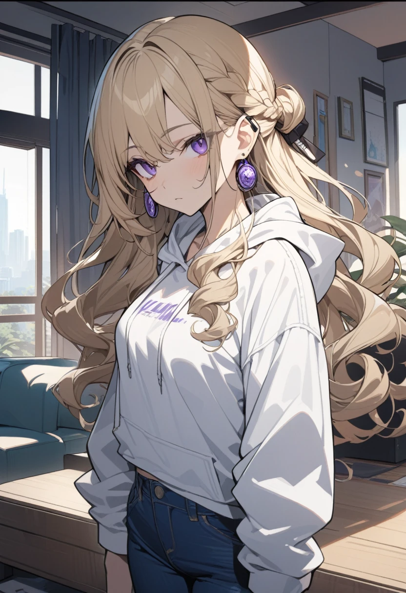 masterpiece, best quality, extremely detailed, ultra detailed, flat anime, 2D, 1girl, (young adult:1.2),blonde hair, (semi-long hair:1.2), curly hair, french braid, medium breasts, tsurime, purple eyes, height 1.7meters, white hooded sweatshirt, jeans, earring,bracelet, long sleeves, earphone, jitome, portrait, upper body, looking at viewer, facing viewer, summer, livingroom, 12AM., standing