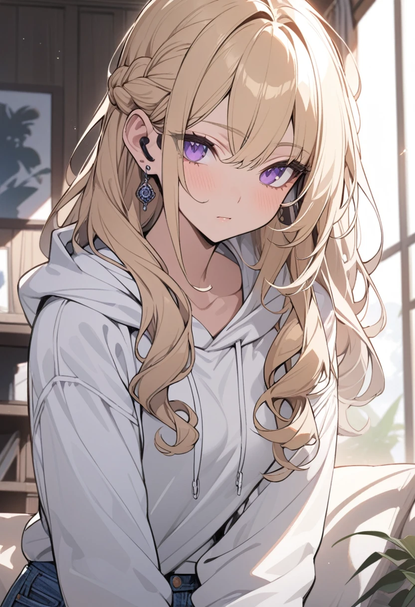 masterpiece, best quality, extremely detailed, ultra detailed, flat anime, 2D, 1girl, (young adult:1.2),blonde hair, (semi-long hair:1.2), curly hair, french braid, medium breasts, tsurime, purple eyes, height 1.7meters, white hooded sweatshirt, jeans, earring,bracelet, long sleeves, earphone, jitome, portrait, upper body, looking at viewer, facing viewer, summer, livingroom, 12AM., standing