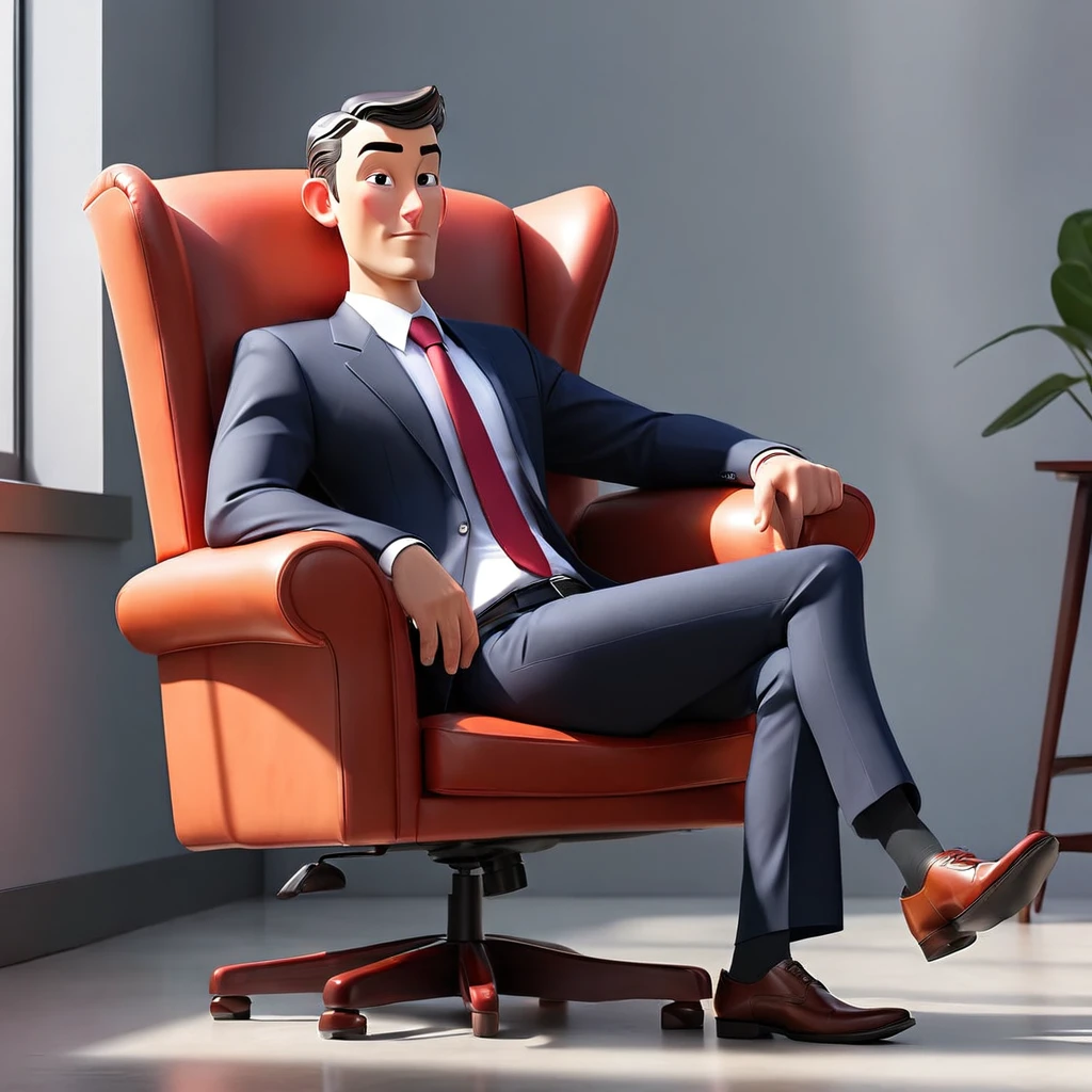 A businessman sitting with legs and chest open, one arm resting on the chair armrest.