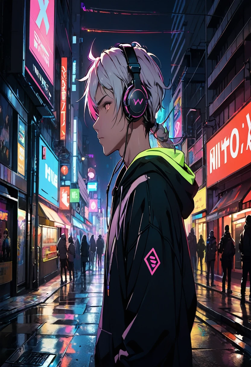 Male, profile, headphones, hoodie, vivid colors, neon, cyberpunk, no background, no people in background