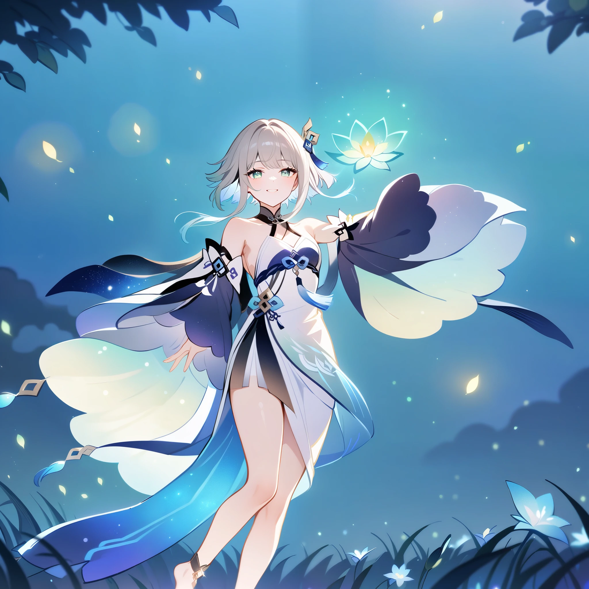 1girl, guizhong_\(genshin_impact\),light grey hair,short_hair_with_long_locks,starry_sky_print,detached_sleeves, long sleeves that drape over hands past fingers,dancing,hanfu,illustrated by matsuryuu and agahari and dsmile,pale green-grey eyes,stunning field of softly glowing blue and white glaze lilies,night scene,gentle smile,moonlight,glossy lips,soft anime coloring,cel shading,smooth, soft dreamy focus,anklet,halter_top,white clothes,highly detailed,digital painting,field of flowers,bare_shoulders,mihoyo,barefoot,cool night tones, magical night scene,masterpiece, best quality, film, bokeh, multicolored light particles,professional, 4k, highly detailed,fireflies,Guardian nebula of rainbow light and silvery vapor,ai-generated,goddess of stardust,realistic:.25