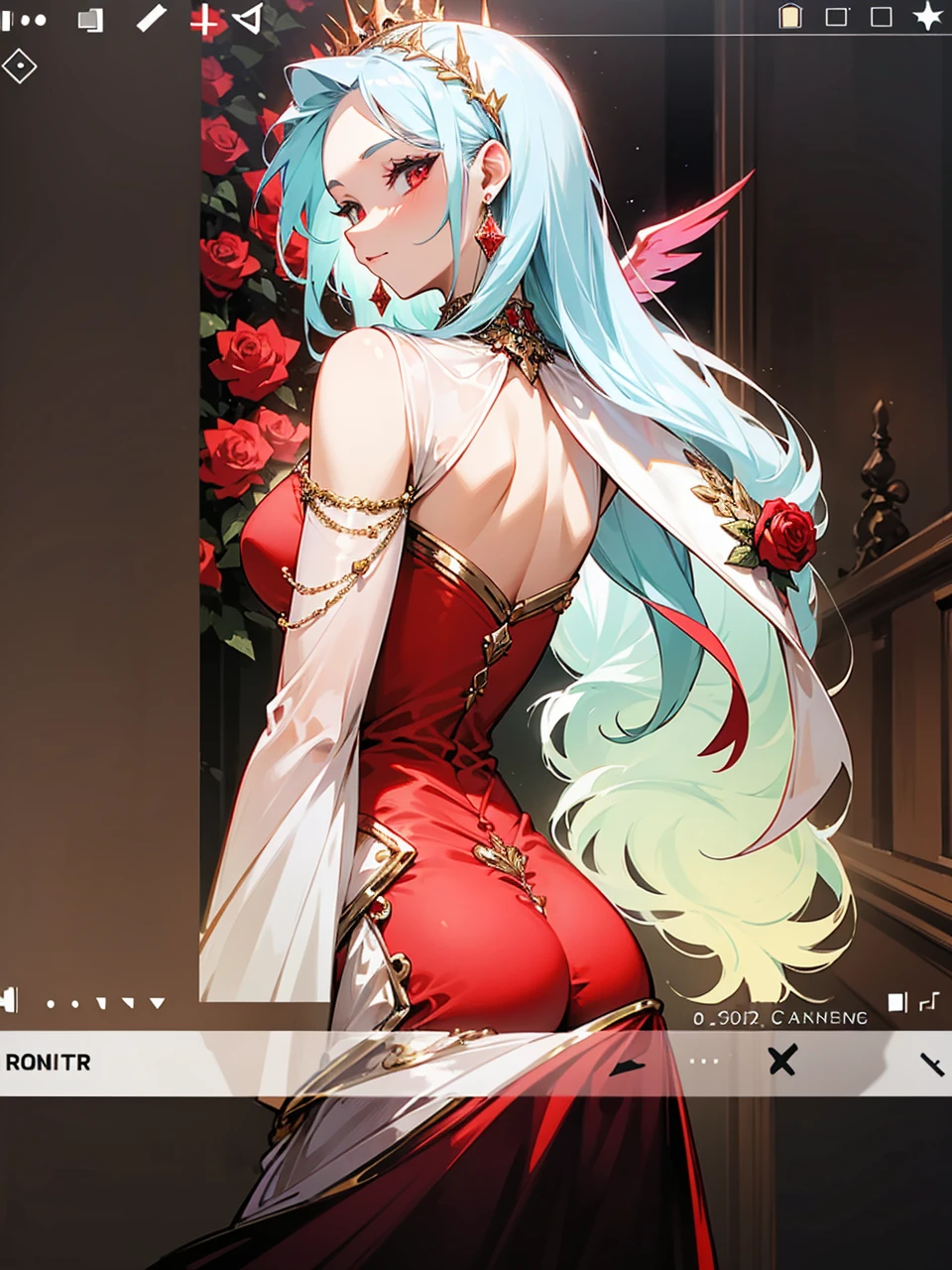 Add in roses to her dress, a good back dress design with some golden jewelry, make her dress into a red and white gown with a hat, give her some unique Jewelry, and make her look somewhat of a demonic angel like appearance to her