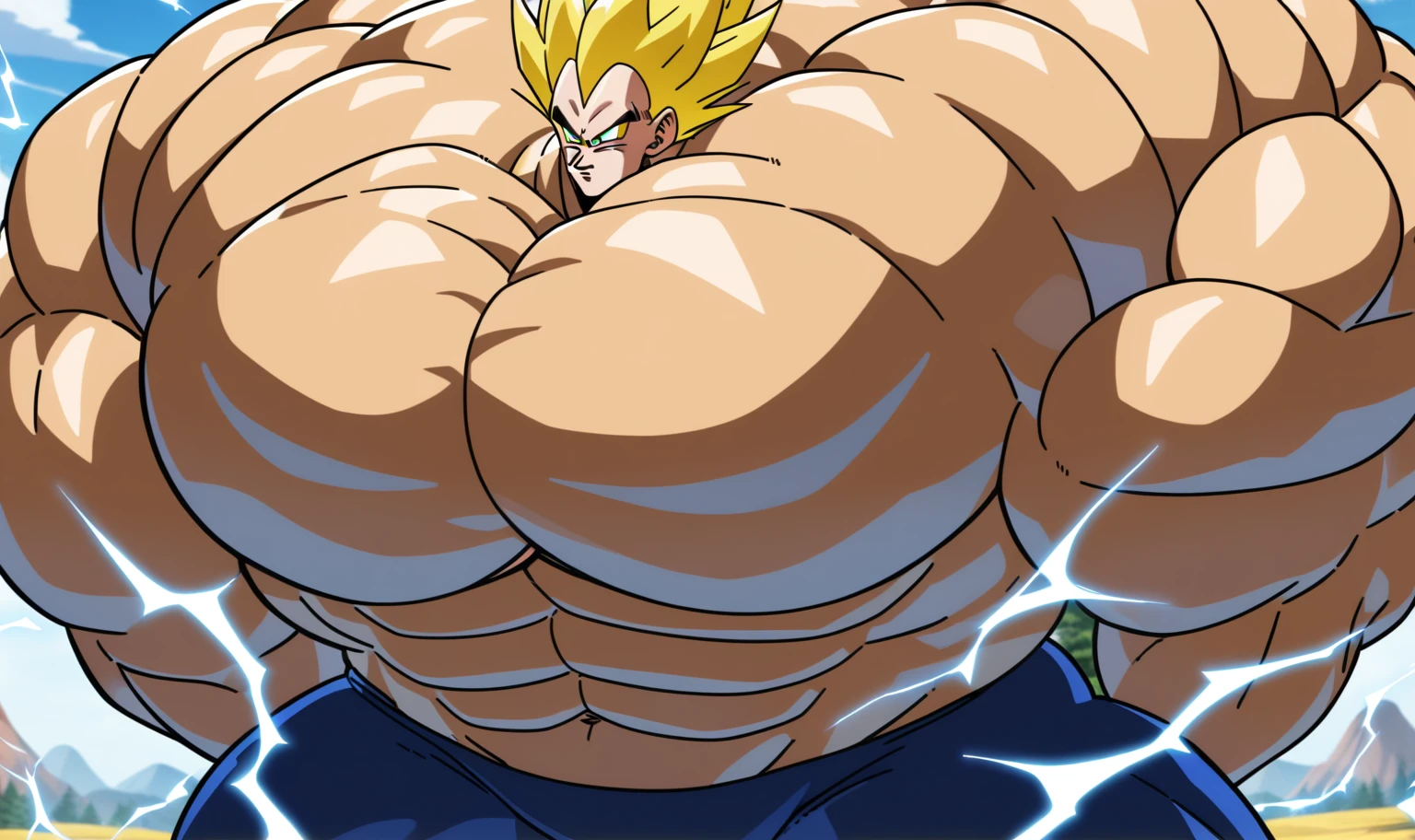 1boy, Vegeta, from Dragon Ball Z, masterpiece, best quality, very aesthetic, absurdres, saiyan, green eyes, spiked hair, (yellow hair:2), shirtless, blue skintight pants, white gloves, (huge muscles:2.5), dragonballartstyle, in the style of Akira Toriyama, outdoors, flat-top mountains, abs, yellow aura, electricity, (nipples:1)