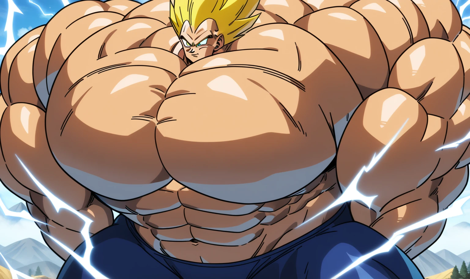 1boy, Vegeta, from Dragon Ball Z, masterpiece, best quality, very aesthetic, absurdres, saiyan, green eyes, spiked hair, (yellow hair:2), shirtless, blue skintight pants, white gloves, (huge muscles:2.5), dragonballartstyle, in the style of Akira Toriyama, outdoors, flat-top mountains, abs, yellow aura, electricity, (nipples:1)