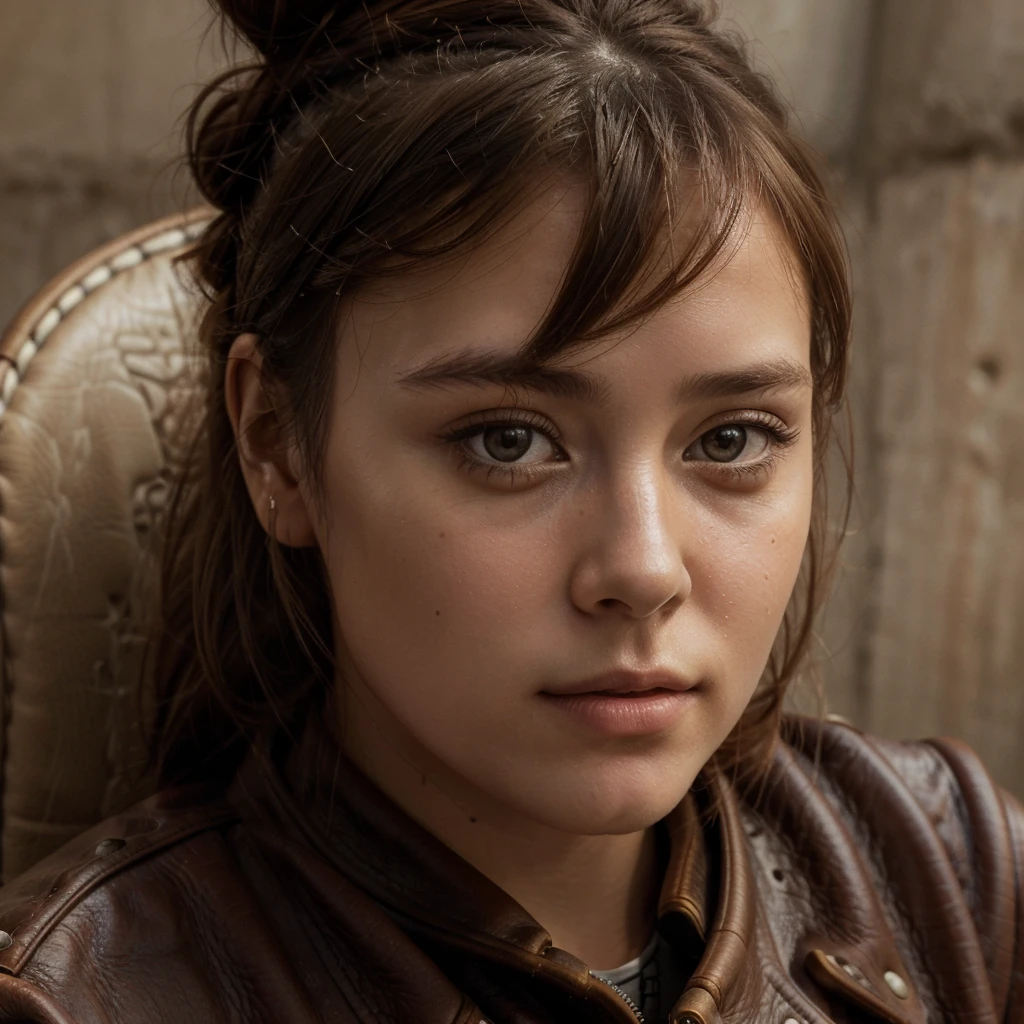 8k,Best Quality, Masterpiece, ultra high resolution, (photorealistic:1.4), raw photo, (Genuine leather texture:1.3), (film grain:1.3), (selfie angle),1 girl, a bun hairstyle, Brown hair, session, chair, bored, hand supporting the chin, beautiful detailed eyes and face,Masterpiece, Best Quality,close up,Upper part of the body,