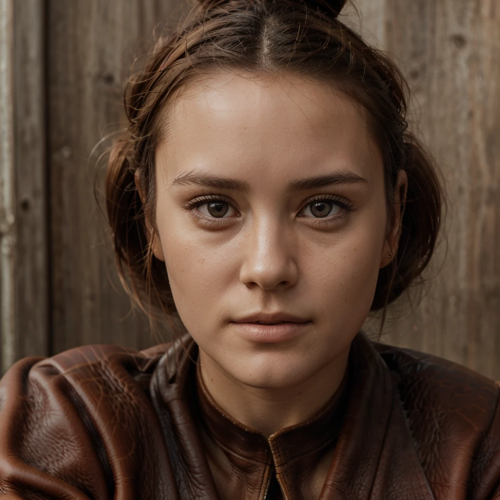 8k,Best Quality, Masterpiece, ultra high resolution, (photorealistic:1.4), raw photo, (Genuine leather texture:1.3), (film grain:1.3), (selfie angle),1 girl, a bun hairstyle, Brown hair, session, chair, bored, hand supporting the chin, beautiful detailed eyes and face,Masterpiece, Best Quality,close up,Upper part of the body,