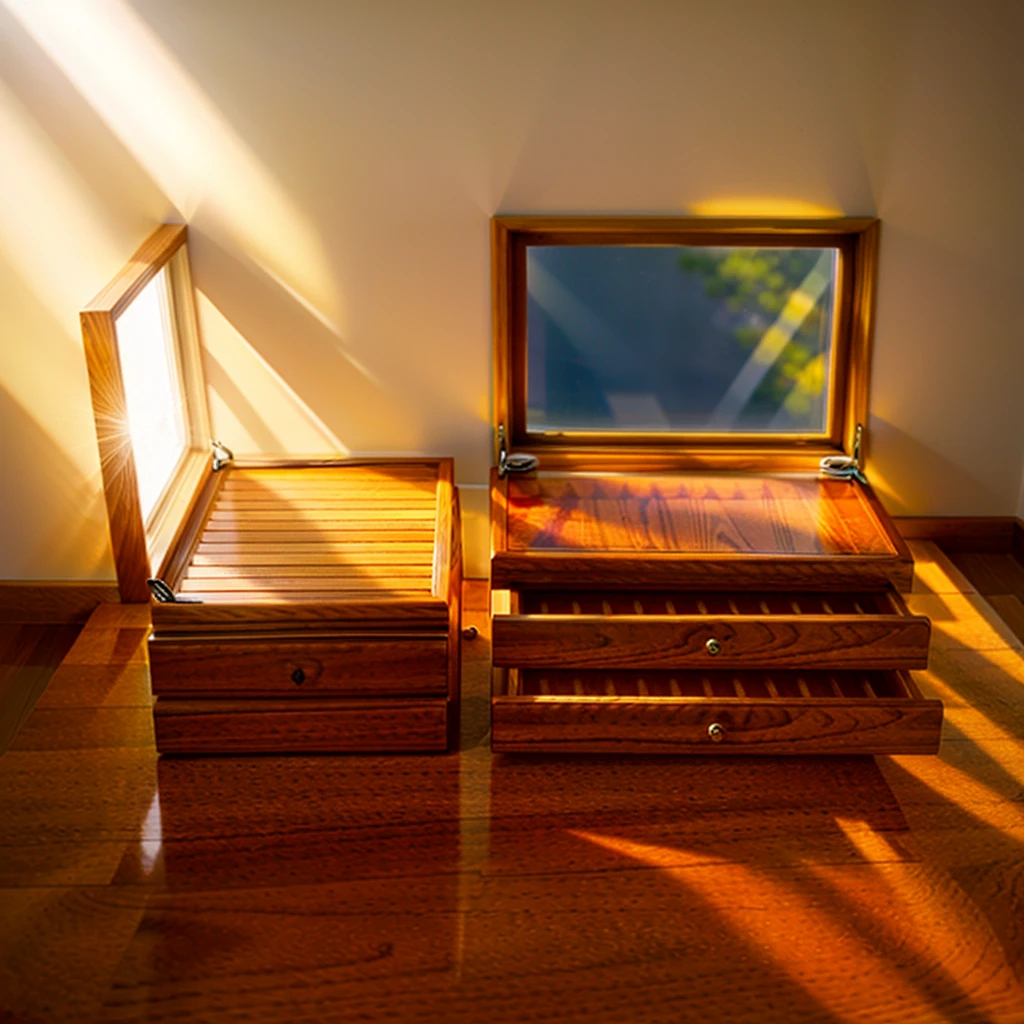 In this cozy room,A ray of sunlight shone on the table through the half-drawn curtains,Let the wood grain on the watch storage case shine with a faint sheen。There is a calm and serene atmosphere in the surrounding air。Several still lifes hang on the walls of the room,It adds a touch of elegance to the space。And on the other side of the room,A half-open window lets the breeze blow in,The pages on the small desk by the window flipped in the wind,This quiet scene gives a sense of tranquility and comfort。